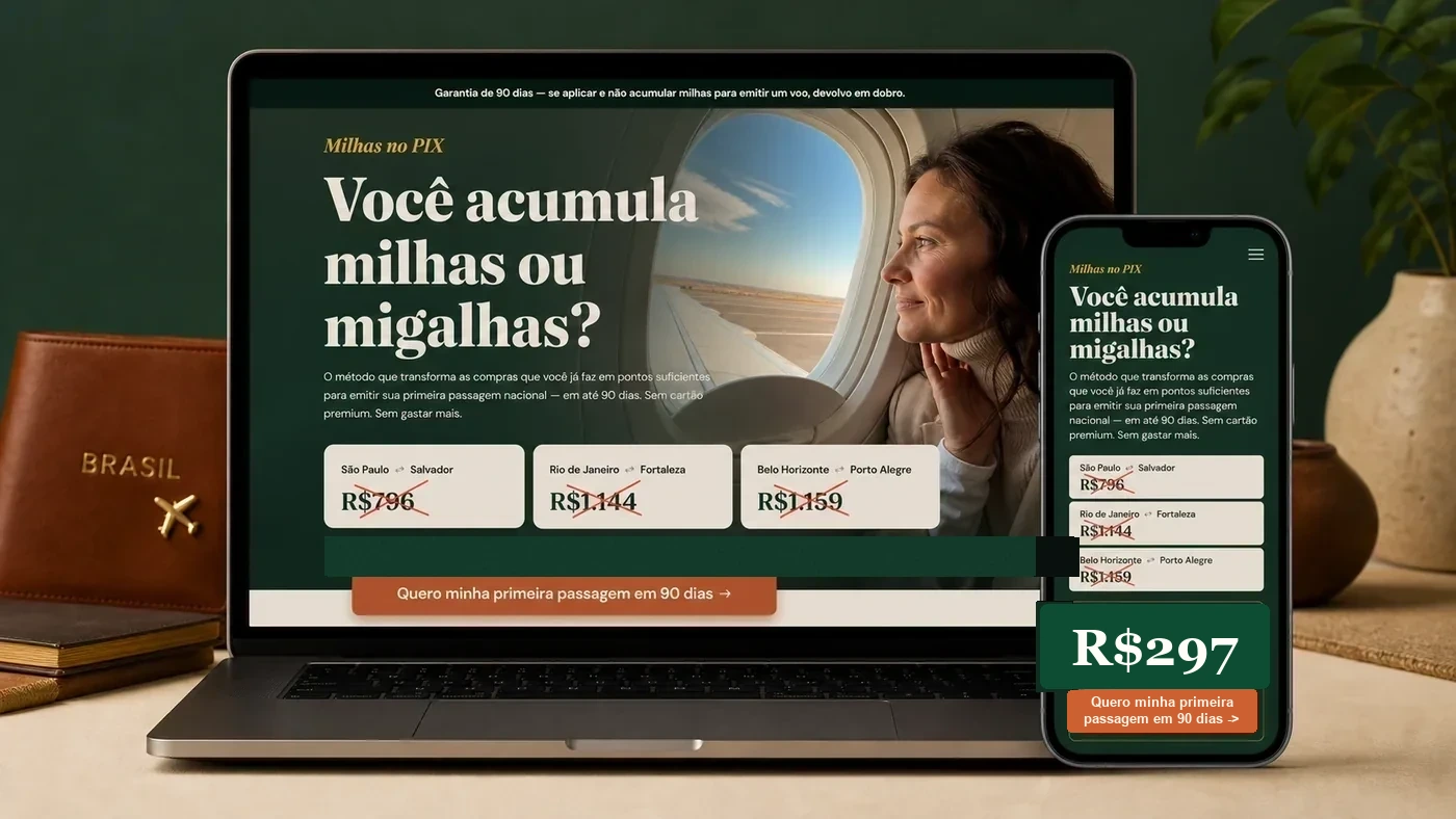 Mockup da página Milhas no PIX em notebook e celular